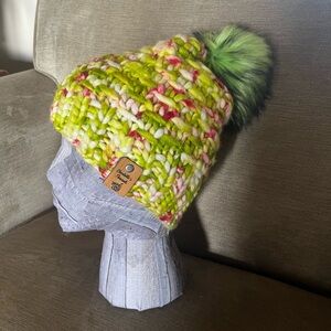 Hand Knit Sparkly Luxury Wool Hat with Faux Fur Pom Pom